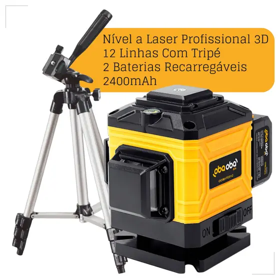 Nível a Laser 12 Linhas 3D Laser Verde 2 Baterias Recarregável Controle Remoto e Tripé
