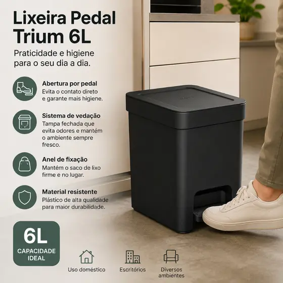 Lixeira Pedal Fechada Compacta 6 Litros Sistema Vedacao Resistente Cozinha Banheiro