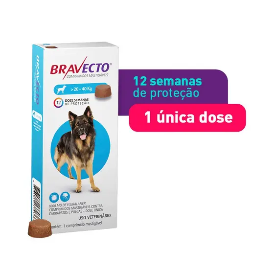 Antipulgas e Carrapatos Bravecto Comprimido Mastigável de 1000mg para Cães de 20 a 40kg - MSD Saúde Animal