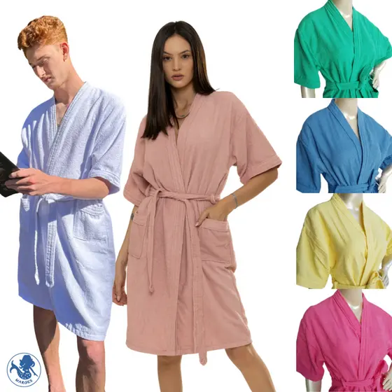 Roupão Adulto Atoalhado Robe Manga Curta 100% Algodão Unissex Masculino Feminino