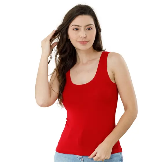 Regata Feminina Básica Alça Larga Visco Lycra Sem Estampa Moda Primavera Verão 3020A