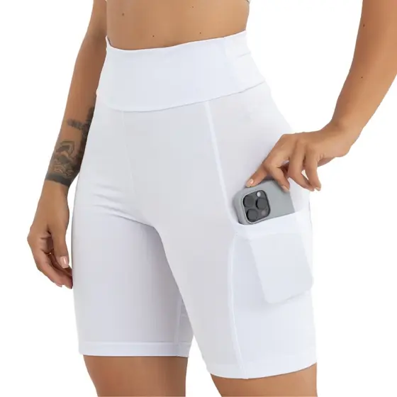 Short Academia Feminino Suplex Com Elasticidade Bolsos Fundo Cores Básicas Branco 3038.S3