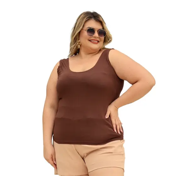 Regata Feminina Plus Size Visco Lycra Toque Macio Caimento Impecável Moda Casual Primavera Verão 2005.1.C2