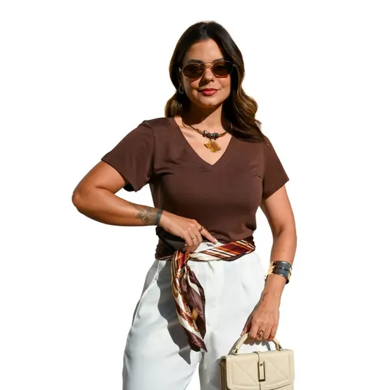 Blusa Feminina Slim Decote V Visco Lycra Toque Macio e Caimento Perfeito Sem Transparência Top 3004.C3