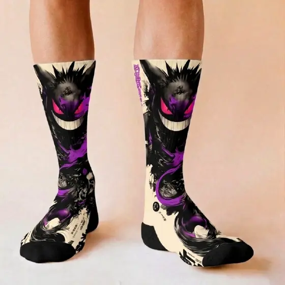 Meia Cano Alto Gengar Pokémon Estampa Digital Unissex Geek Divertida