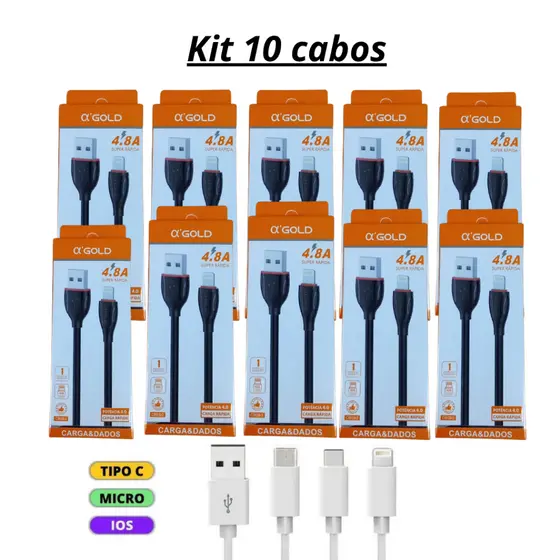 Kit 10 Cabo USB Celular Carregar Tipo C Iphone V8 Turbo Carregamento Rápido 4.8A Qualidade Agold