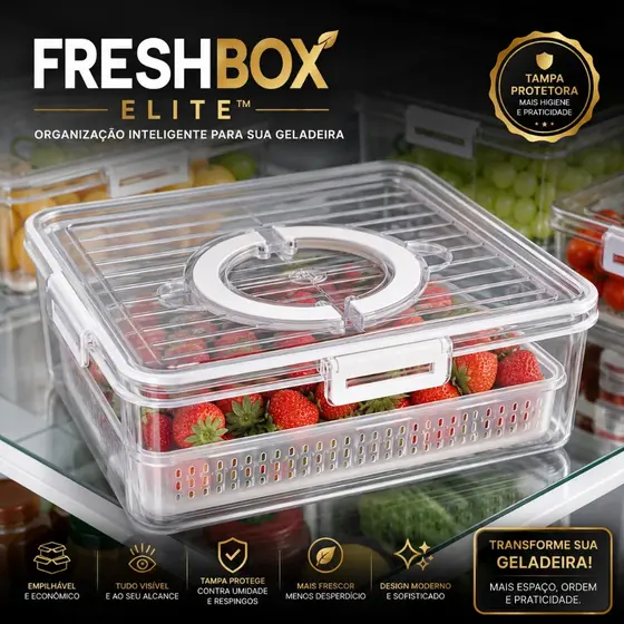 Cesto Organizador com Tampa FreshBox Elite™ Organizador de Geladeira Transparente  Multiuso