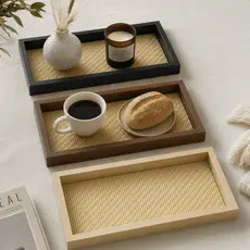 Bandeja Decorativa Retangular Organizadora Moderna Palha c/ Vidro Multiuso 12x22cm