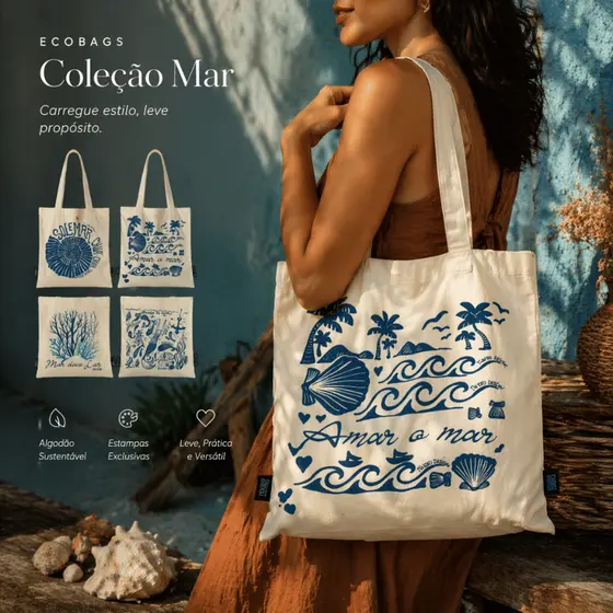 Bolsa de Praia Ecobag Mar doce Lar ecológica algodão cru