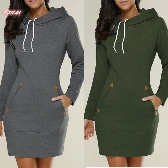 Faicai_Vestido Moletom Com Capuz Midi Gola Alta Feminino Plus Size Preto Manga Longa