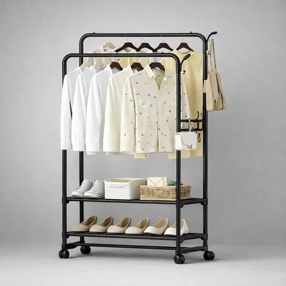 Arara de Roupas Multiuso com Rodas | Cabideiro Grande com Prateleiras e Ganchos para Organização do Quarto