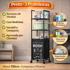 Estante Organizadora com Cesto de Roupa Suja e Rodas – Carrinho para Lavanderia 1, 2 ou 3 Andares