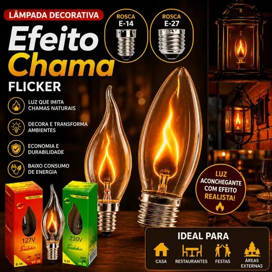 Lâmpada Decorativa Efeito Chama Vela Flicker Sadokin
