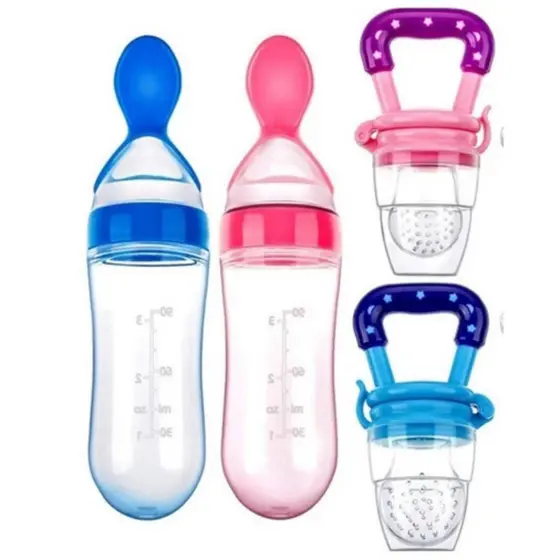 Kit Alimentação Chupeta Mordedor Porta Frutas e Mamadeira de Silicone com Colher Dosadora