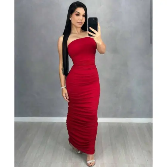 Vestido feminino MIDI tomara que caia drapeado nas laterais ( GIOVANNA)