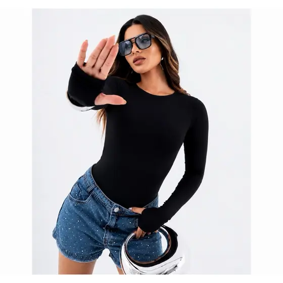 Body feminino manga longa com dedeira e gola redonda suplex(LIZ SG)