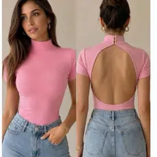 Body feminino gola alta e manga curta com Costa nua suplex premium (RITA)