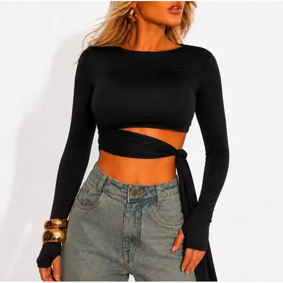 Blusa Cropped Amarração Feminino Lateral Suplex Recorte Manga Longa(DUDA)