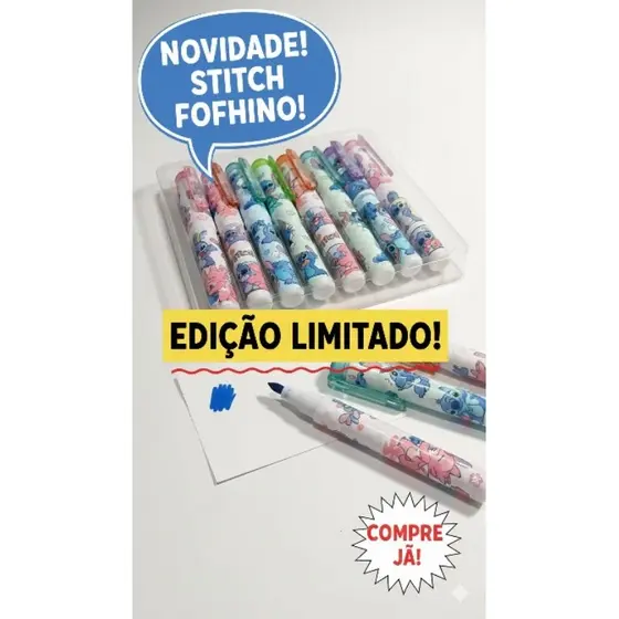 Kit 6 Canetas Marca Texto Stitch Cores Vibrantes Ponta Macia Kit 6 Canetas Marca Texto Stitch Cores Vibrantes
