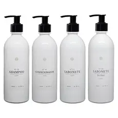 Kit 4pçs Frasco Plástico Branco 500ml Shampoo Condicionador Sabonete e Sabonete Íntimo Banheiro Luxo