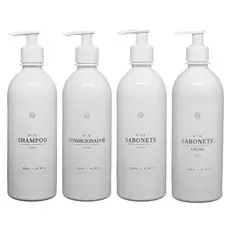 Kit 4pçs Frasco Plástico Branco 500ml Shampoo Condicionador Sabonete e Sabonete Facial Banheiro Luxo