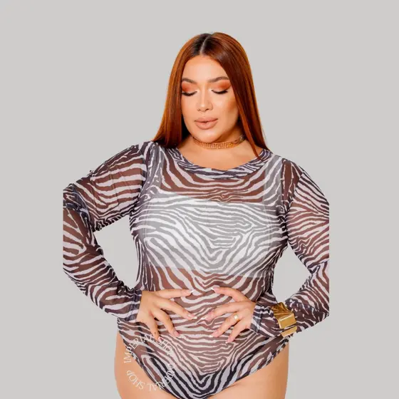 Body Plus Size Tule Manga Longa Transparência Zebra Plus- Bia