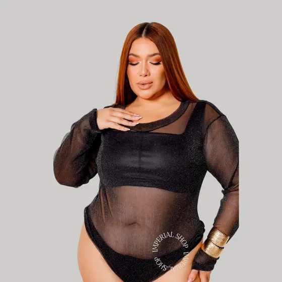 Body Blusa Tule Manga Longa Transparente Roupas Feminina -Bia