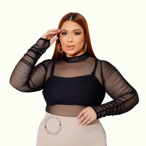 Body Franzido Tule Transparente Manga Longa Plus Size Gola Alta Moda-mila