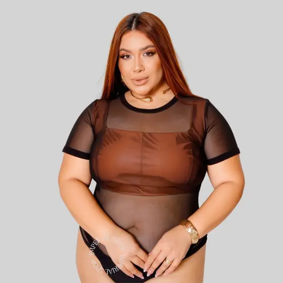 Body de Tule Feminino Transparente Manga Curta Manga Longa Bori Tuli Moda Blogueira Preto Onça BT2