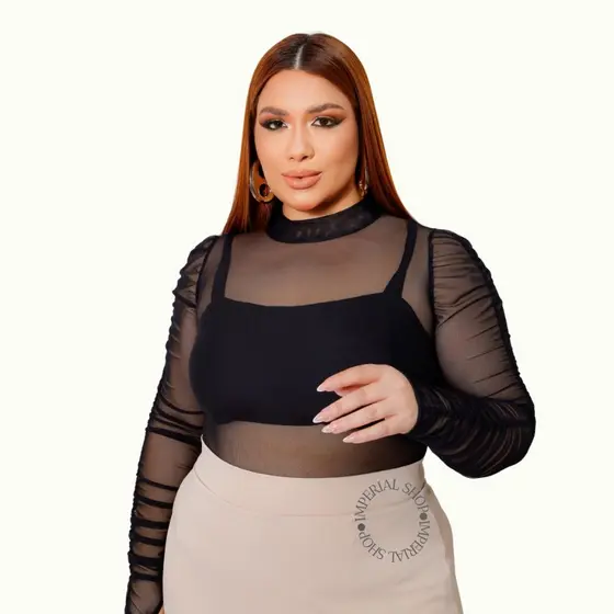 Body Blusa Tule Transparente Manga Longa Plus Size-mila