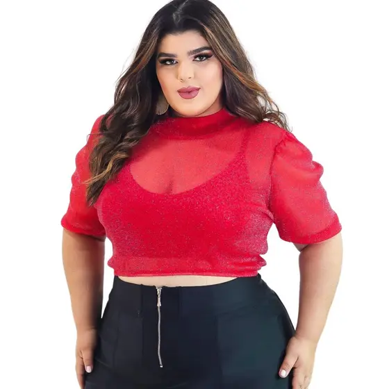 Cropped Tule Lurex Brilhante Tendência Plus Size Top - Zoe