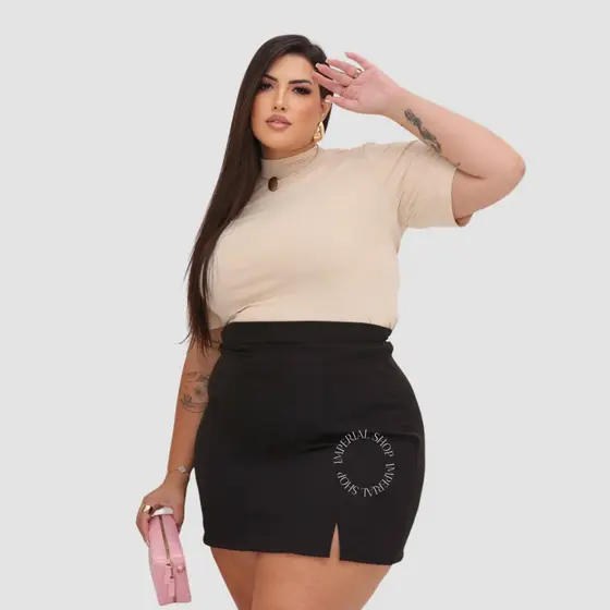 Mini Saia Alfaiataria Feminina Fenda Frontal Plus Size - Lara