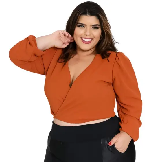 Blusinha Cropped  Inverno Frio  Com Manga Manga Bulfante Tecido Duna Plus Size - Nany