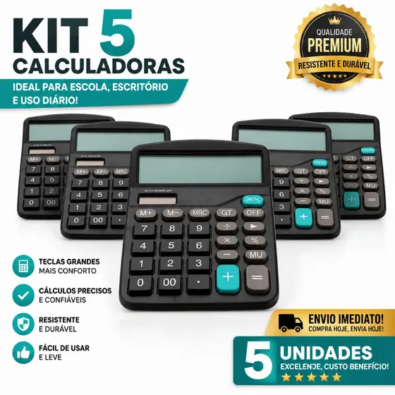 KIT 5 CALCULADORAS DE MESA 12 DÍGITOS PRETA VISOR DISPLAY E TECLAS GRANDES ESCRITÓRIO CAIXA ESCOLAR