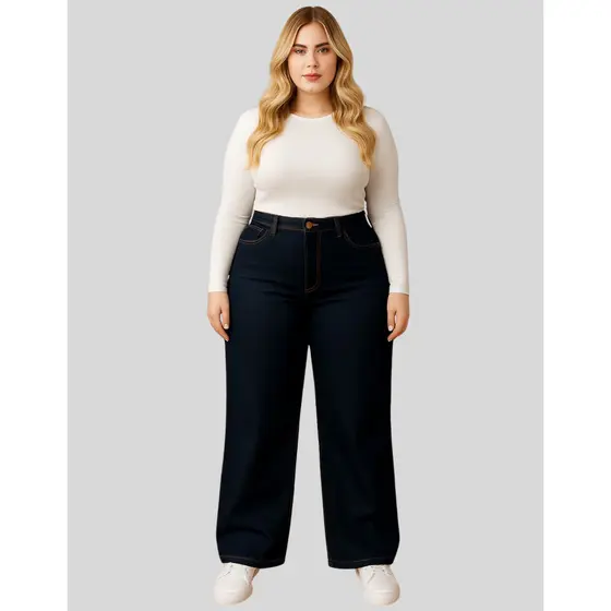 Calça Wide Leg Clara Plus Size Cintura Alta Pantalona Destroyed