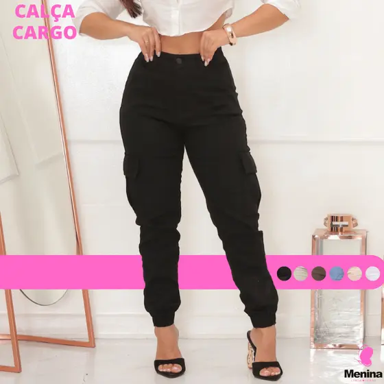 Calça Feminina Cargo Cintura Alta jogger Com Lycra Sarja Com Elastano