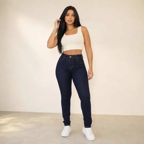 Calça Feminina Jeans Cintura Alta Com Lycra Skinny Levanta Com Elastano