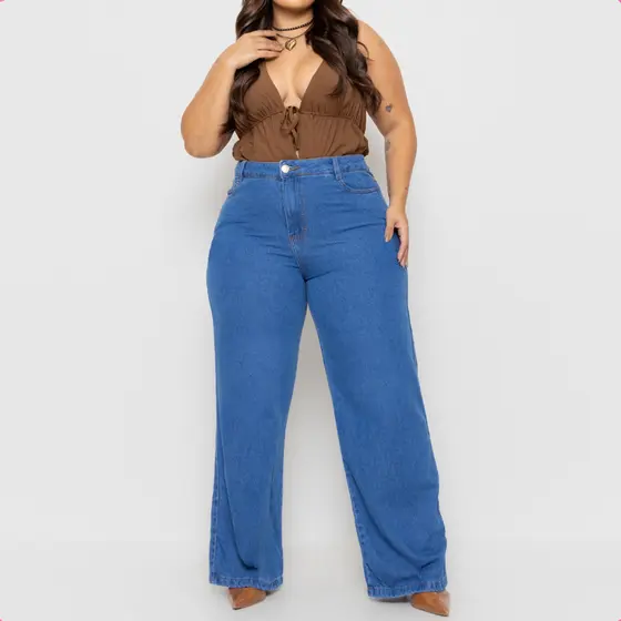 Calça Wide Leg Plus Size Jeans Feminina Levanta Bumbum cintura alta