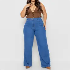 Calça Wide Leg Plus Size Jeans Feminina Levanta Bumbum cintura alta