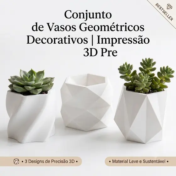Conjunto de Vasos Geométricos Decorativos | Impressão 3D Premium