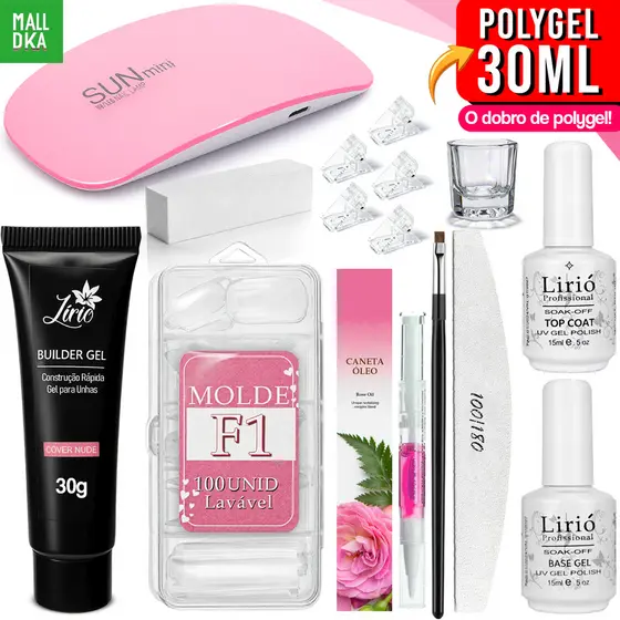 Kit Polygel(11 ITENS) Alongamento De Unha + Molde F1 + Lixa + Top Coat + Primer + Cabine Sun Mini