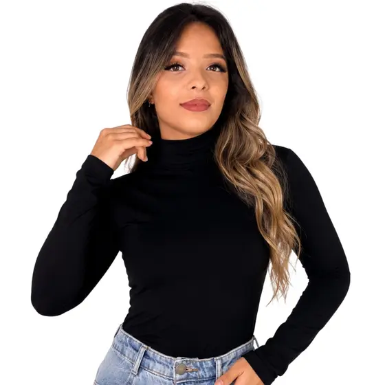 Blusa Cacharrel Segunda Pele Gola Alta Manga Longade Viscolycra Básica Inverno Lisa