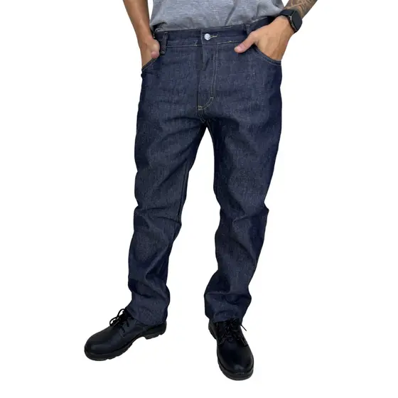 Calça Jeans meio cós meio elástico 100% algodão para trabalho