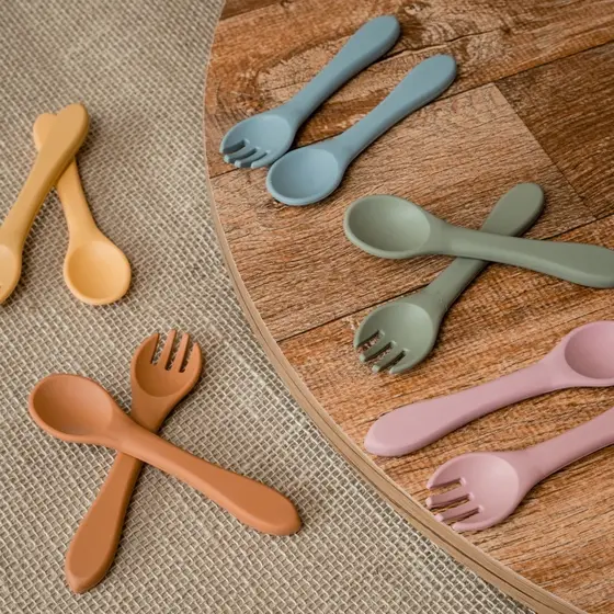 Kit Talher De Silicone Colher Garfo Introdução Alimentar Para Bebê