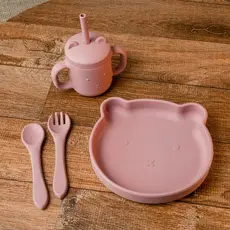 Kit Prato Infantil De Silicone Urso Com Ventosa Talheres e Copo 4 peças Bloo Baby