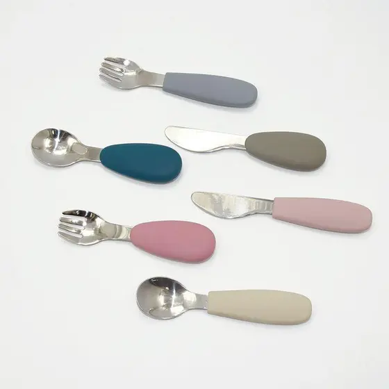 Kit Talheres Aço Inox Cabo Em Silicone Infantil Kit Colher E Garfo