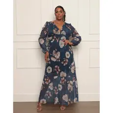 Novidade! Vestido tule com bojo forrado Plus Size Estampado Florido Onça Manga Longa ótimo para festas