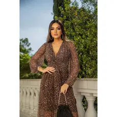 Vestido Manga Longa em Tule Estampado Florido Azul Verde Onça com Bojo para Festa Casamento Formatura Chá Revelação