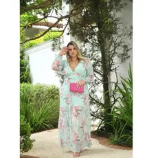 Vestido plus size   em Tule Manga Longa Estampado Florido estampa personalizada digital com Bojo para Festas Casamento Formatura
