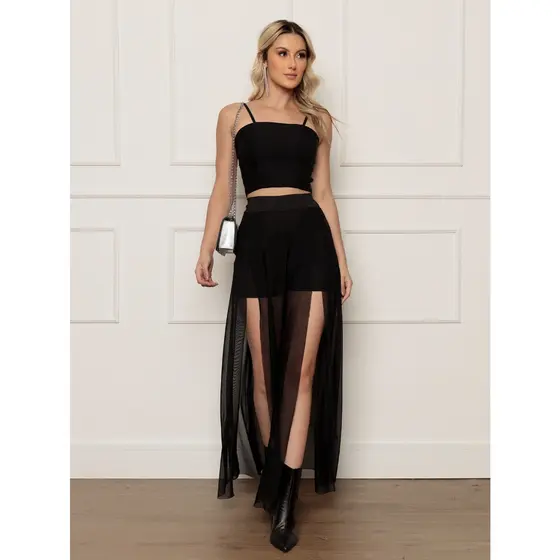 Saia Longa Tule Transparente Com Short Em Poliamida